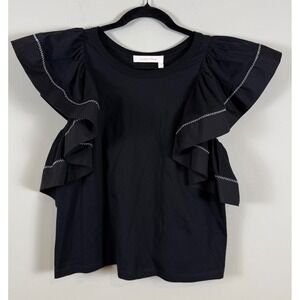 See By Chloe Black Ruffle Sleeve Cotton Top Contrast Stitch L